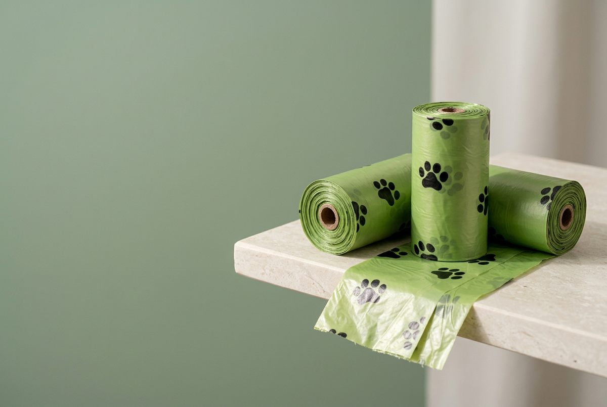 Wide composition of green paw-print waste bag rolls on an ivory ledge