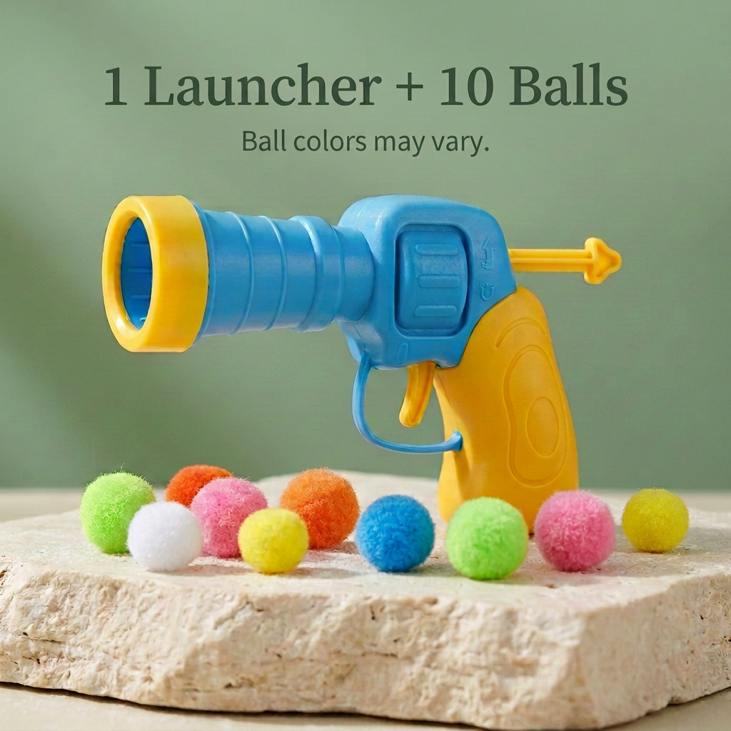 One blue and yellow cat launcher with ten pom-pom balls, labeled 1 Launcher plus 10 Balls