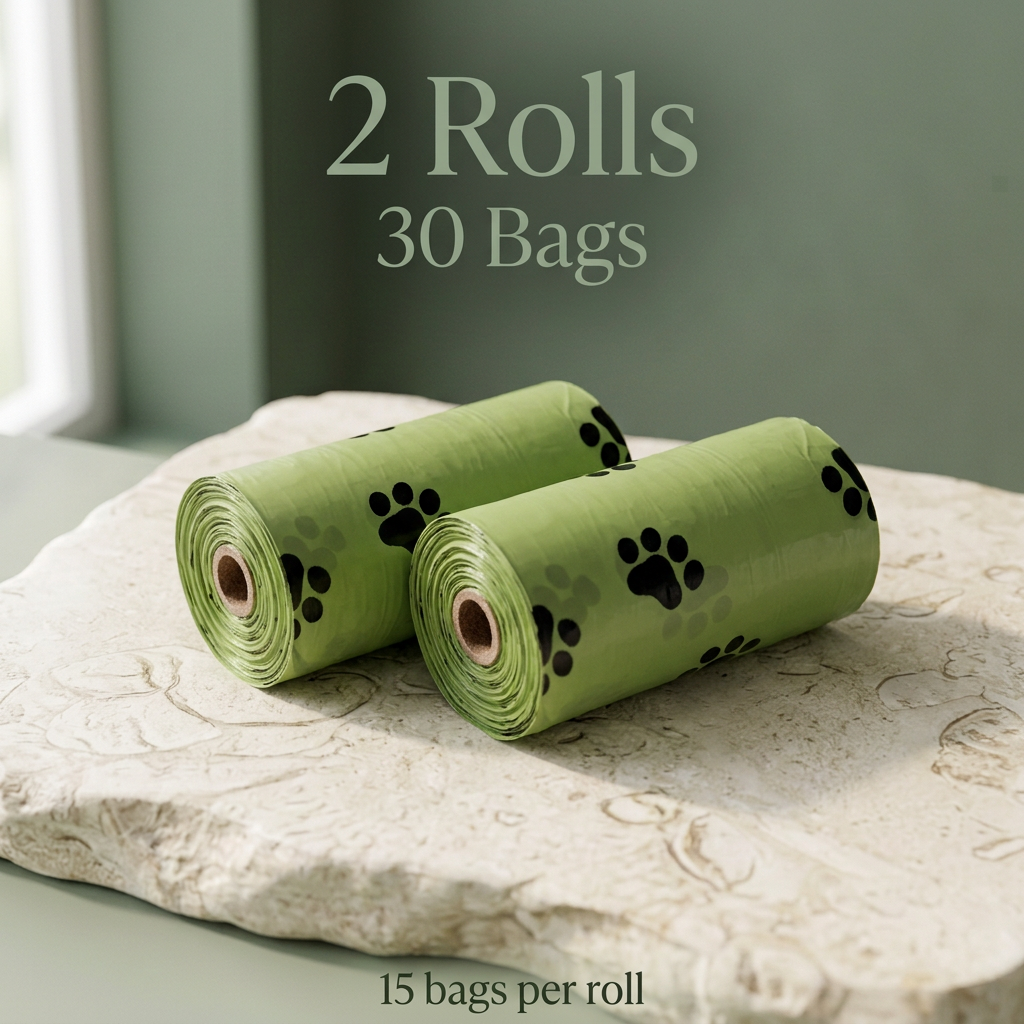 Two green paw-print waste bag rolls labeled 2 Rolls and 30 Bags, with 15 bags per roll