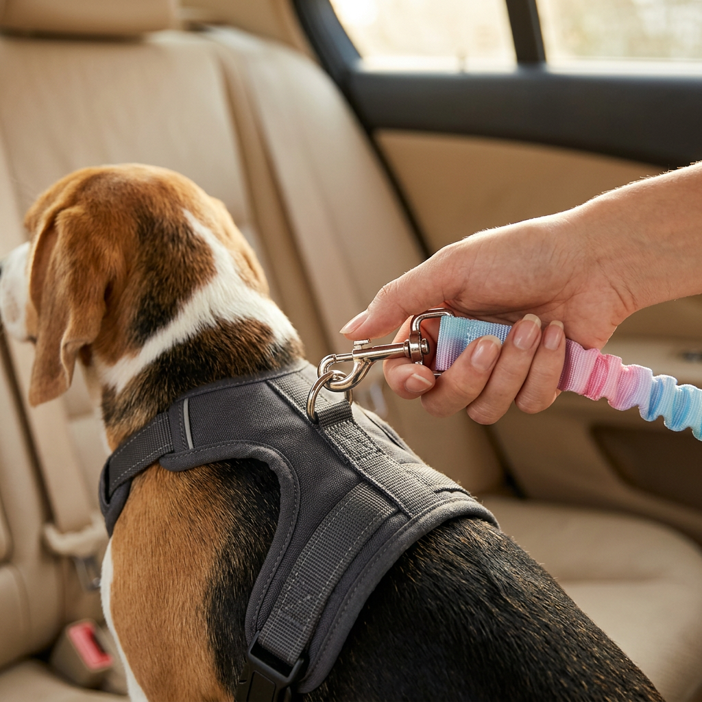 Hand attaching a pastel tether snap hook to a Beagle's body harness