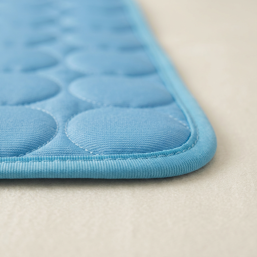 Close-up of blue quilting and bound edge