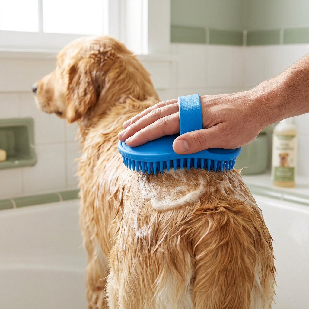 Blue bath brush used on a dog's back