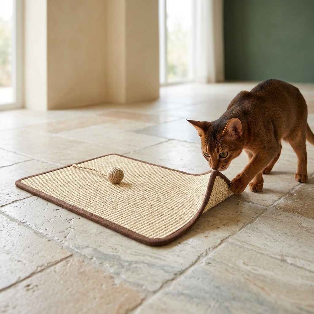 Abyssinian cat investigating a sisal scratching pad