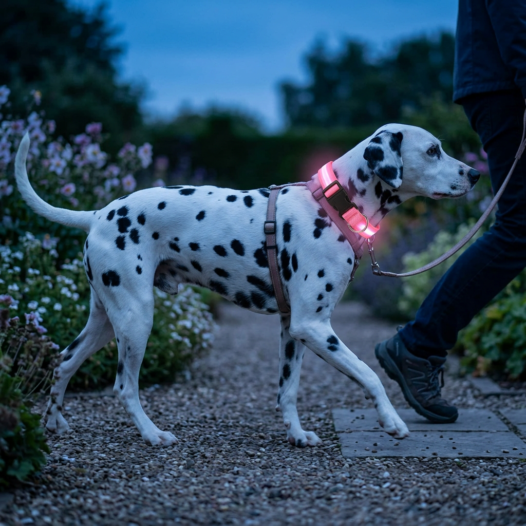 Dalmatian walking outdoors at dusk wearing a pink LED dog collar