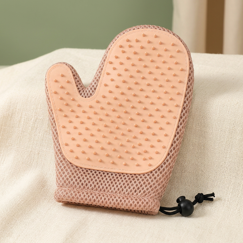 Pink double-sided pet grooming mitt