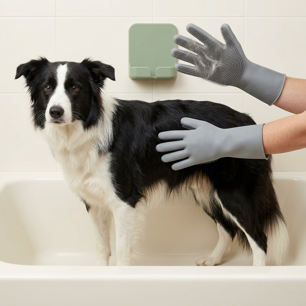 Grey grooming gloves brushing a border collie with collected loose hair visible on a lifted palm