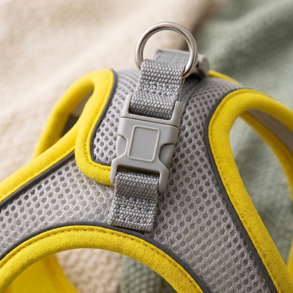 Close-up of the gray buckle and webbing on a yellow pet harness