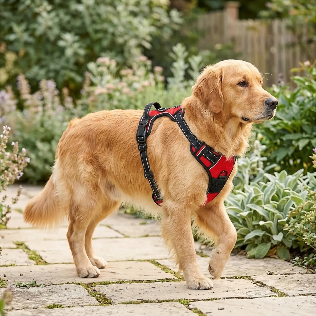 Golden retriever wearing a red vest harness on a garden path