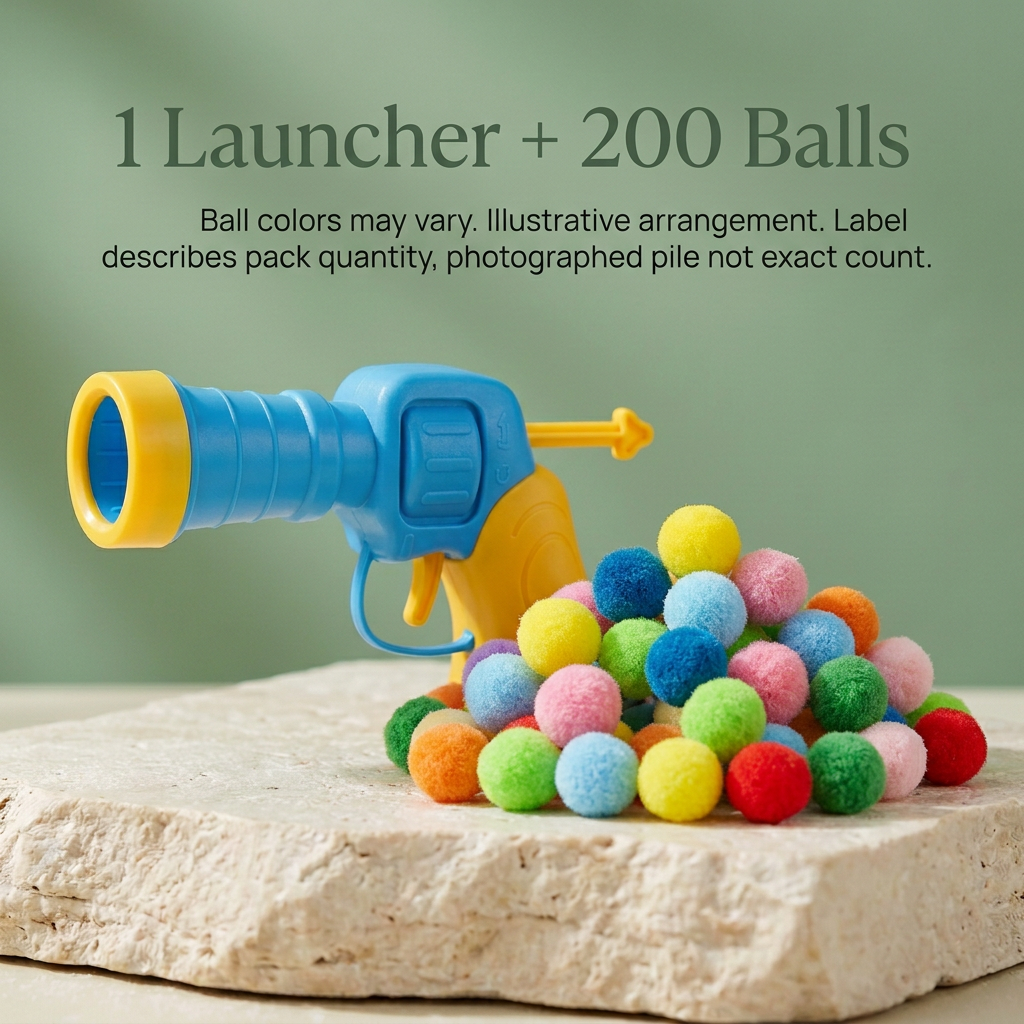 Cat launcher and illustrative pom-pom bundle labeled 1 Launcher plus 200 Balls