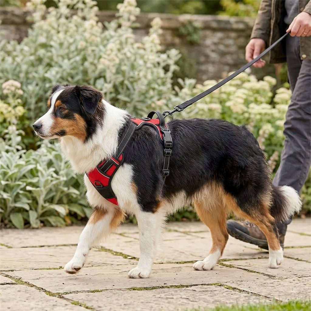 Australian Shepherd walking beside a handler wearing the red adjustable vest harness