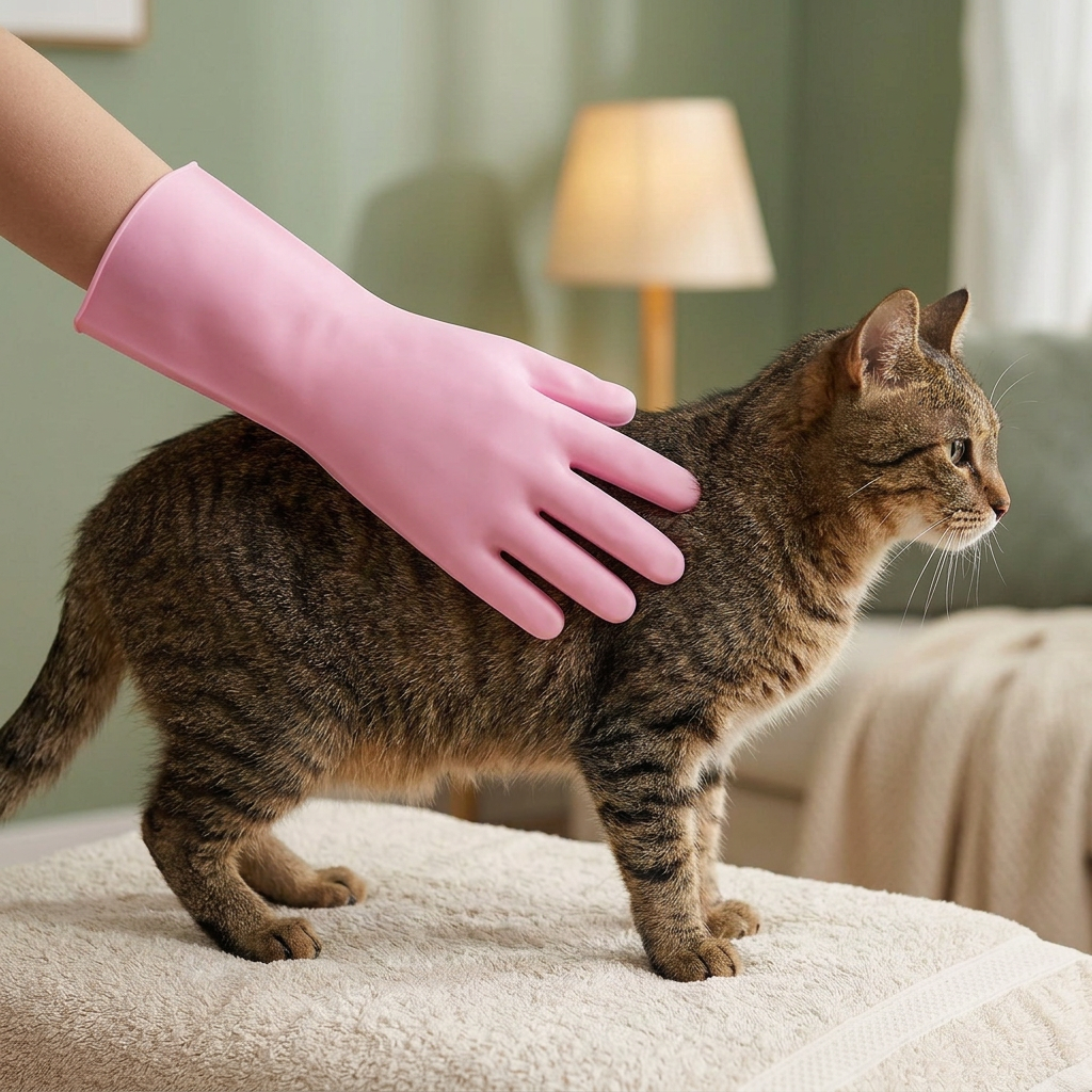 Adult gently grooming a brown tabby cat with a pink glove