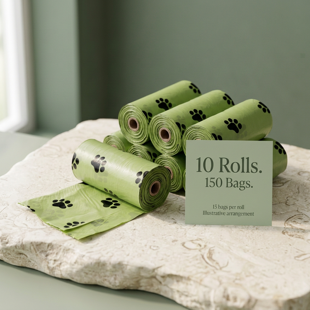 Illustrative bundle of green waste bag rolls labeled 10 Rolls and 150 Bags