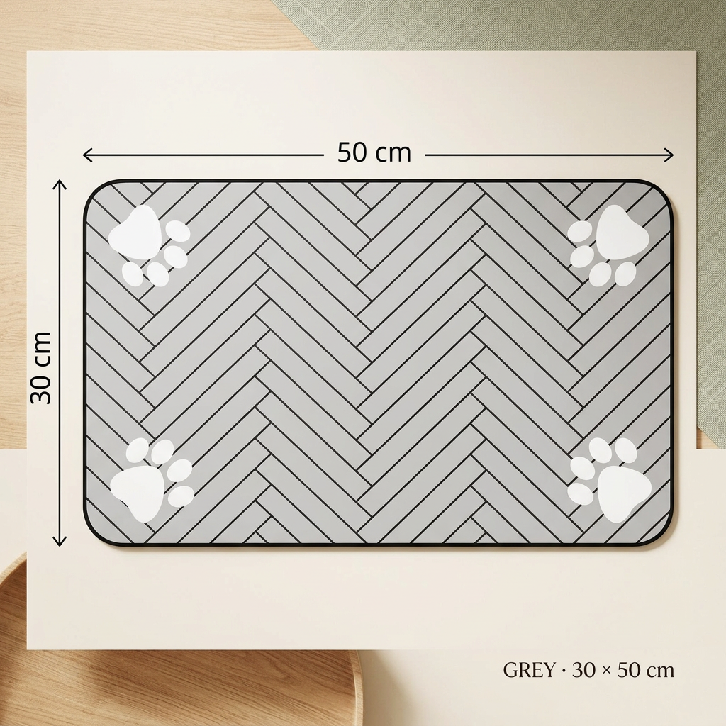 Grey feeding mat size guide, 30 by 50 cm
