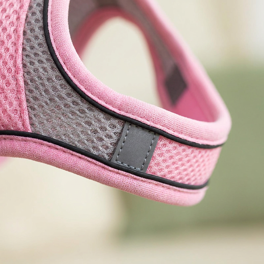 Close-up of pink harness padded trim, black piping and stitched gray reinforcement tab