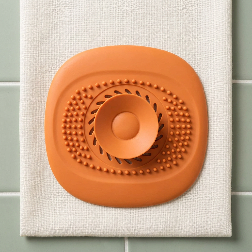 Overhead view of an orange drain hair catcher on ivory linen