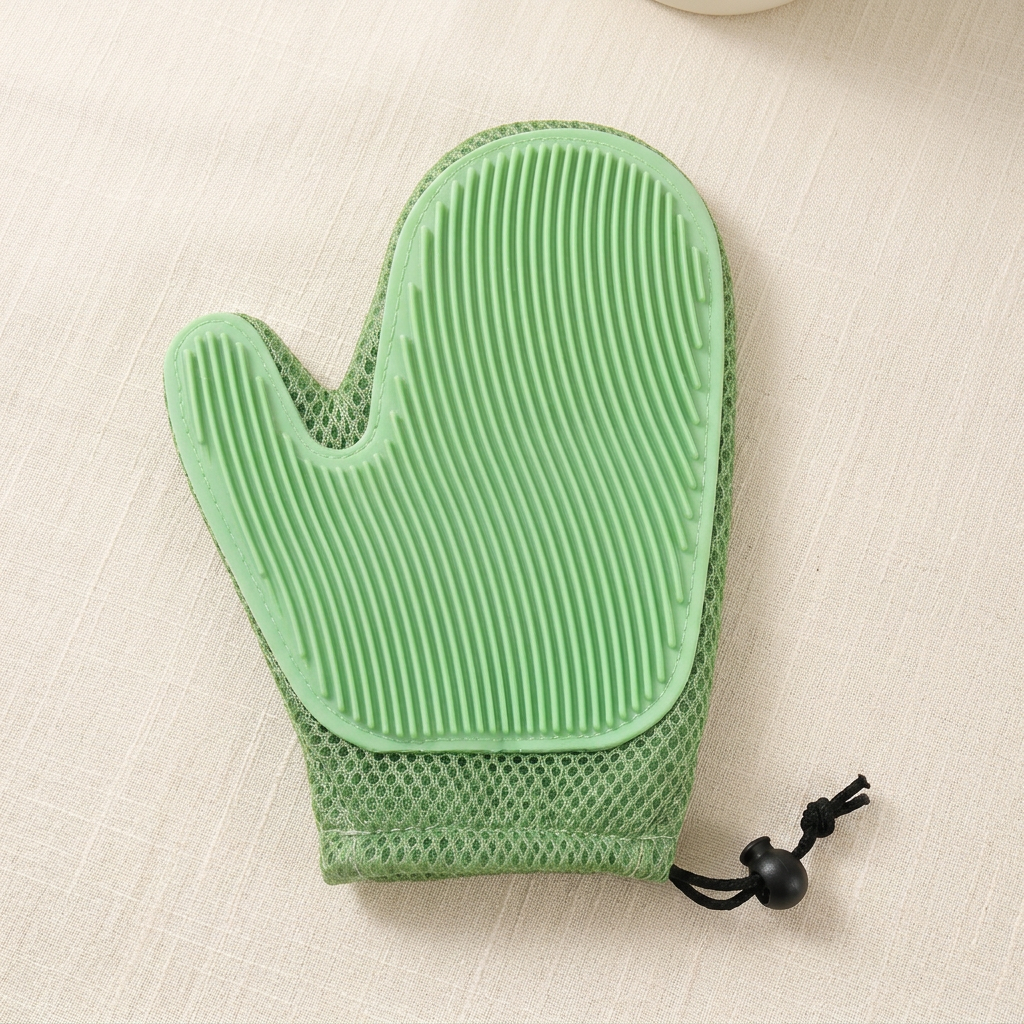 Ribbed side of a single light green grooming mitt