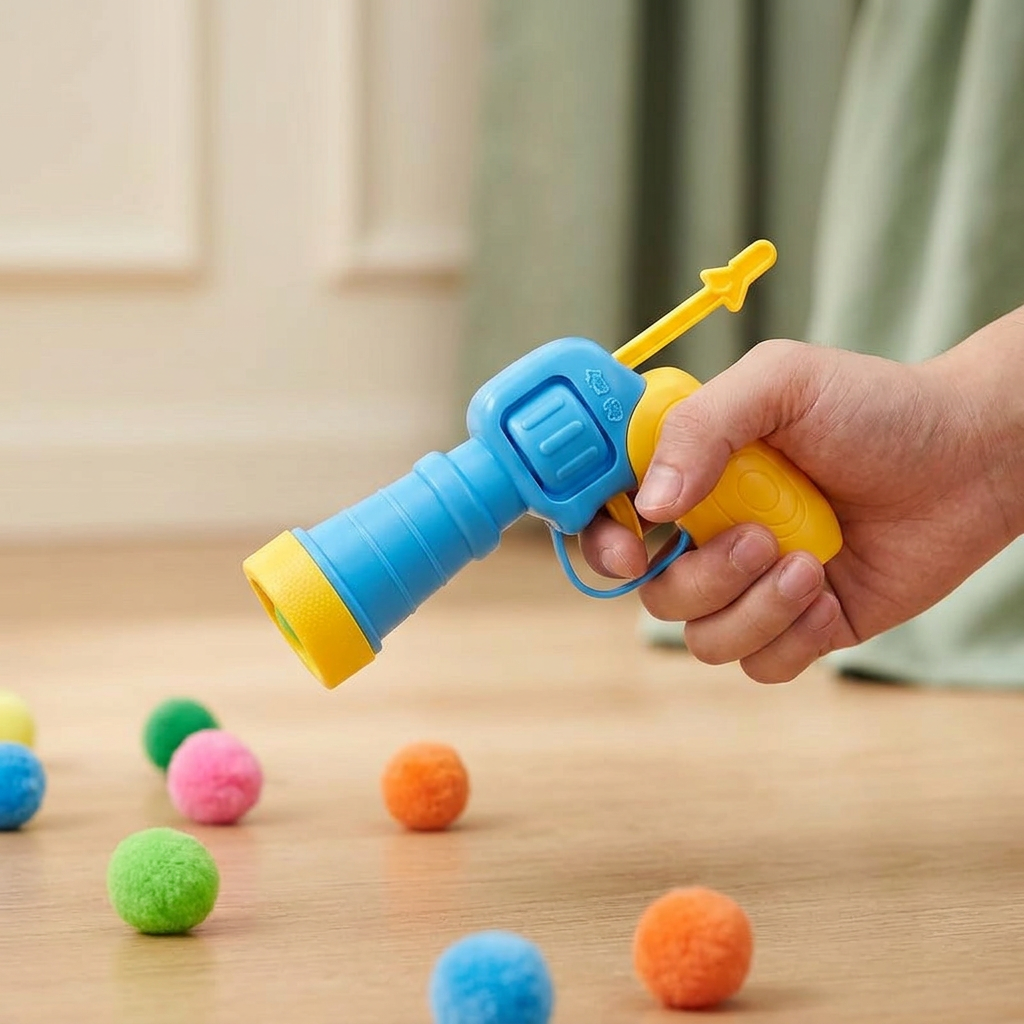 Adult holding a compact cat ball launcher pointed down toward an empty floor