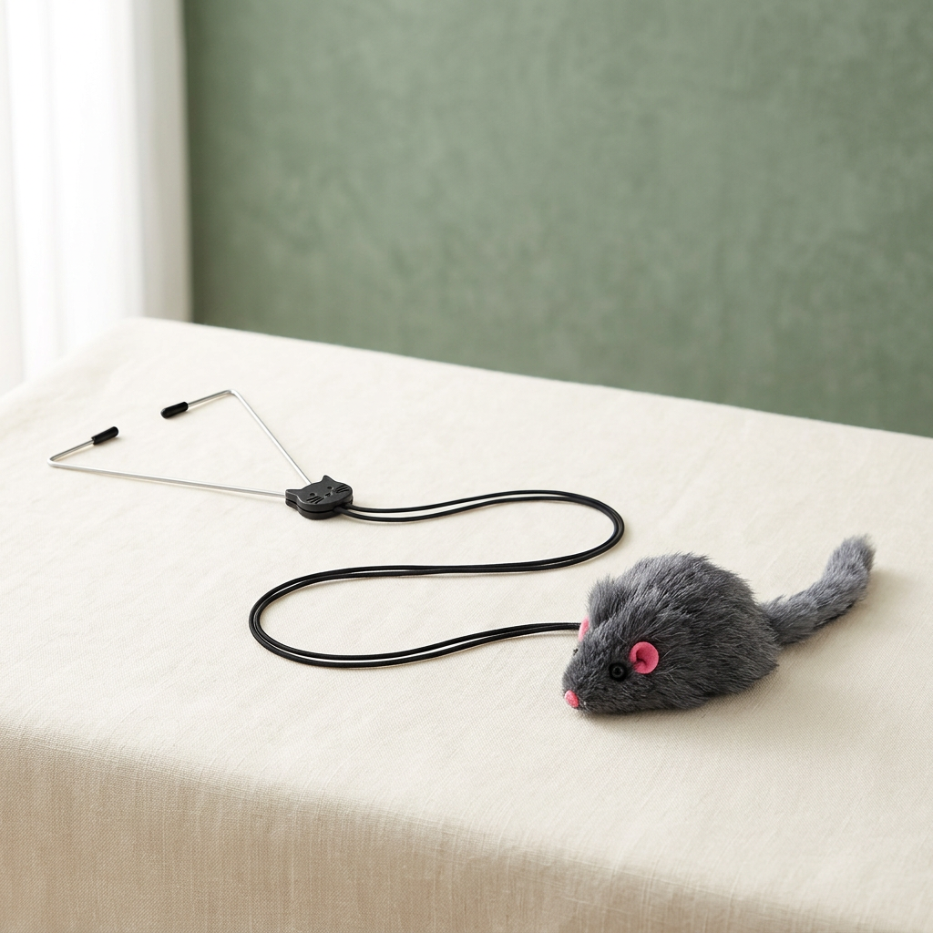 Dark gray hanging mouse cat toy with black cord, adjustment slider, and triangular metal hanger