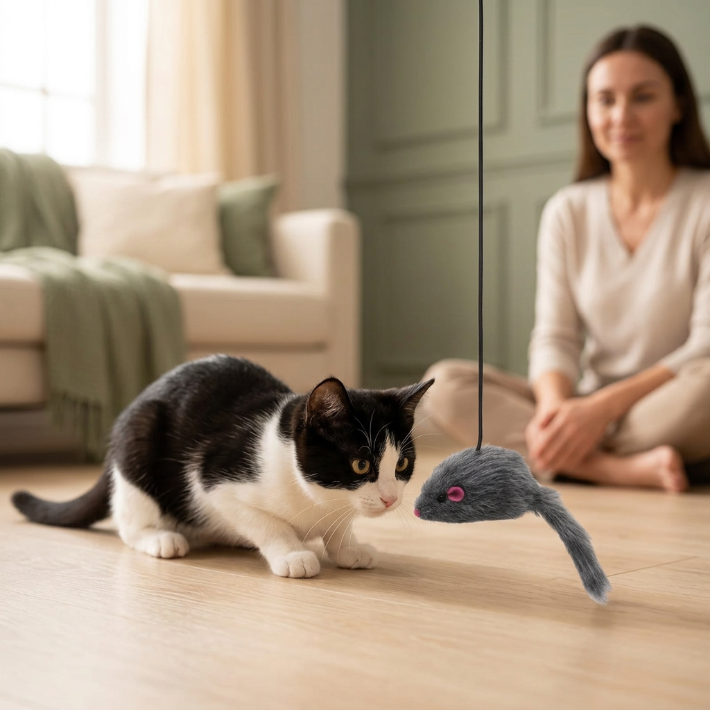 Tuxedo cat crouching toward the hanging mouse toy during supervised play