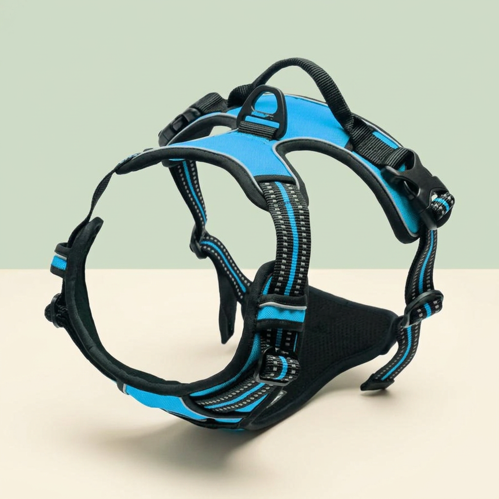 Blue adjustable dog vest harness with black straps