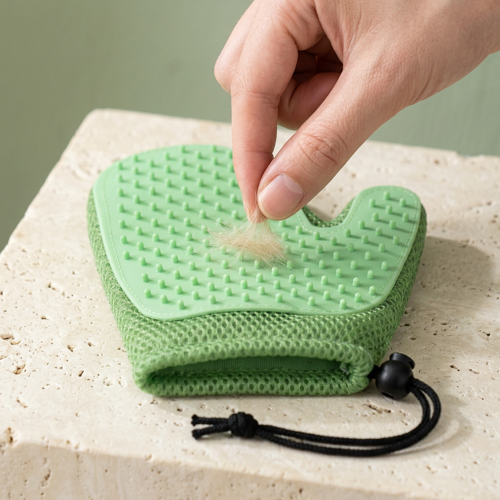 Removing a small tuft of collected hair from the grooming mitt