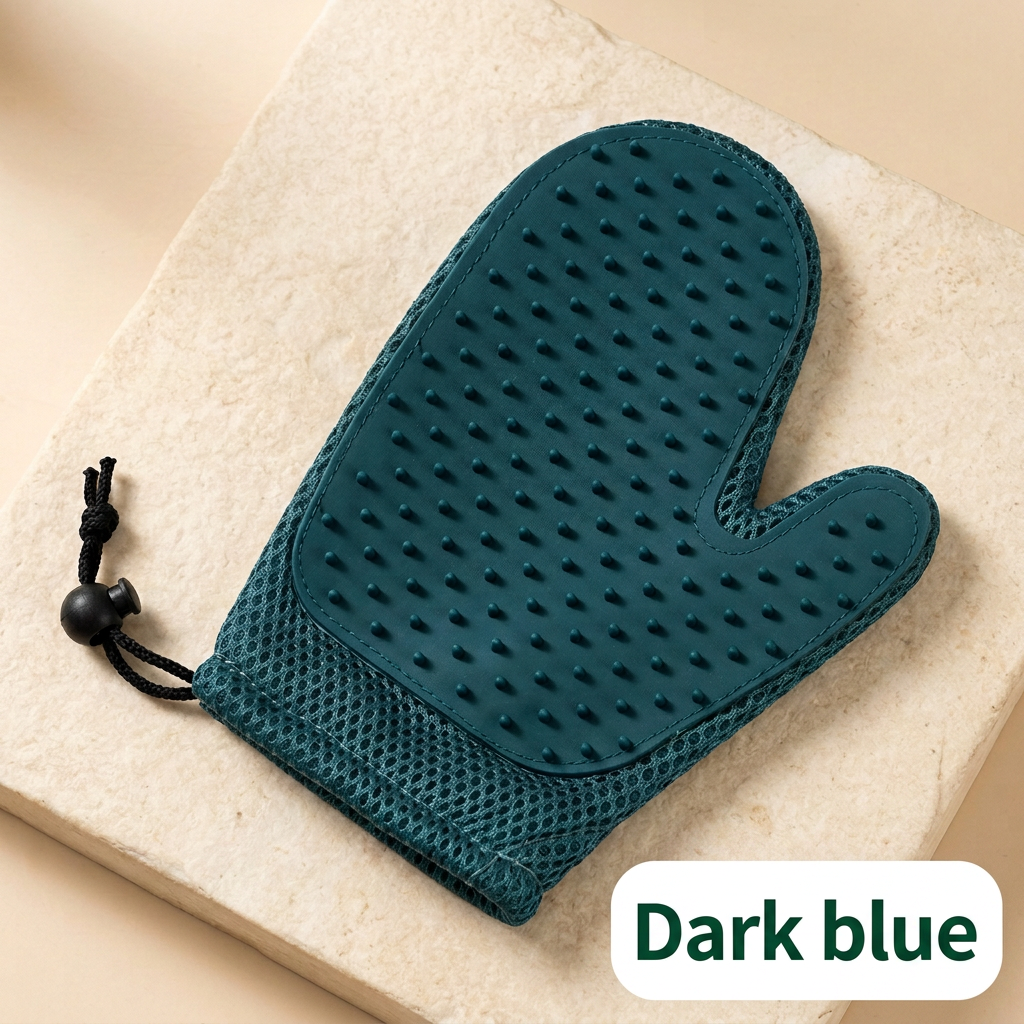 Dark blue grooming mitt with color label