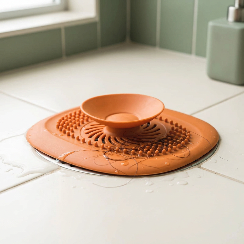 Orange drain hair catcher over a drain with hair collected around the front nubs and curved slots
