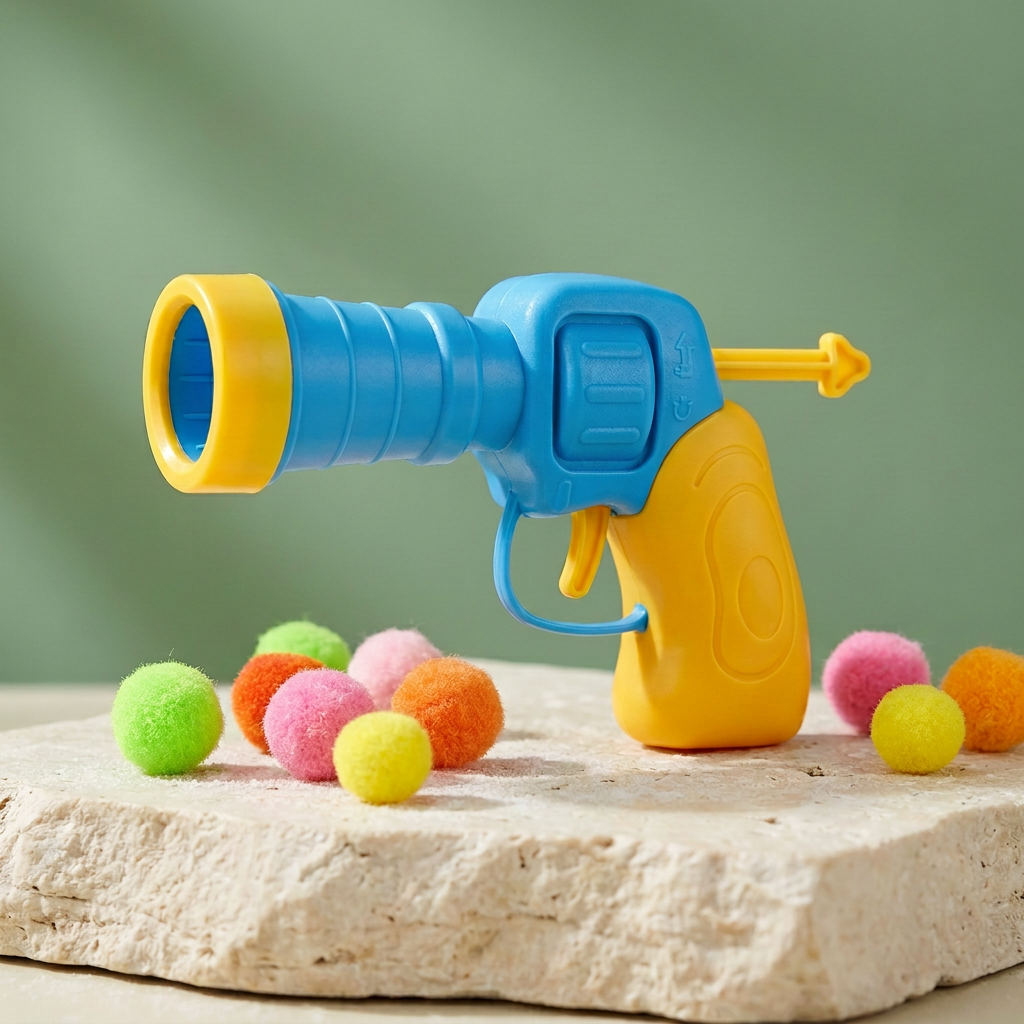 Blue and yellow manual cat ball launcher with colorful pom-poms on ivory stone