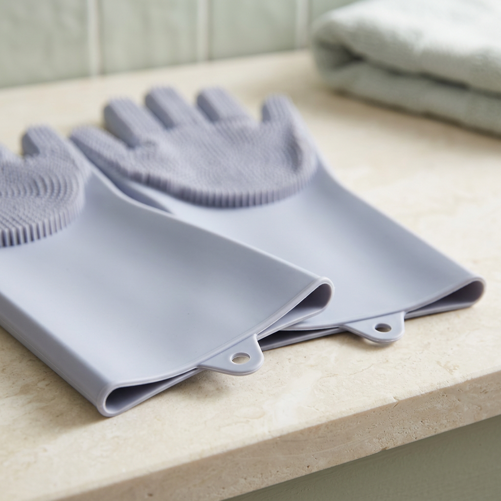Close-up of grey grooming glove long cuffs and hanging tabs
