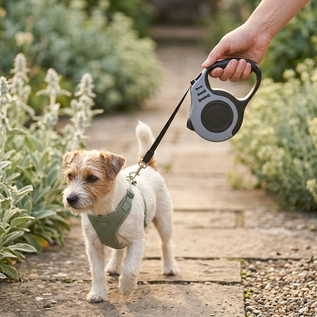 Black and gray leash used while walking a small terrier