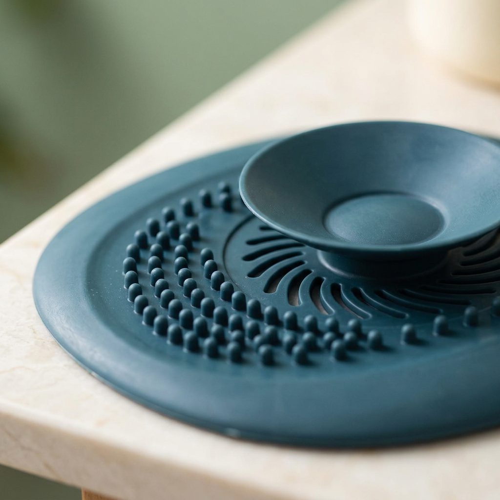 Close-up of blue drain catcher nubs and curved drainage slots