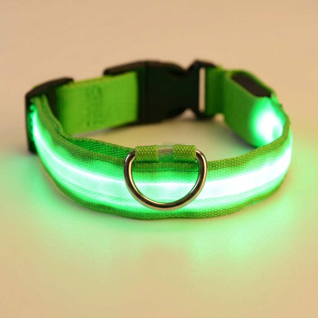 Green LED collar with nylon texture and metal D-ring detail