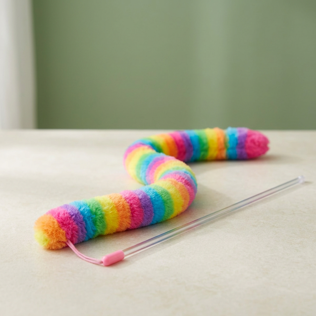 Example rainbow fuzzy cat teaser toy and wand