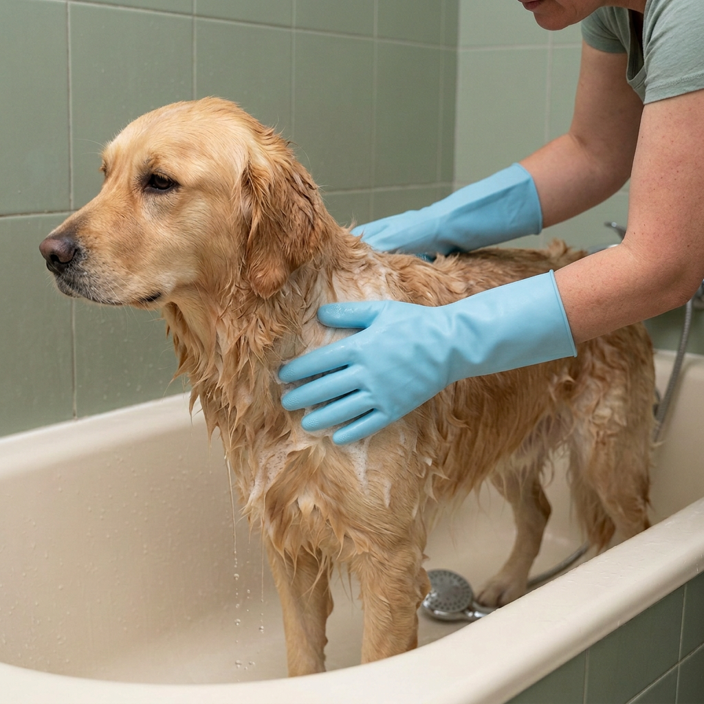 Adult using blue long-cuff grooming gloves to bathe a golden retriever