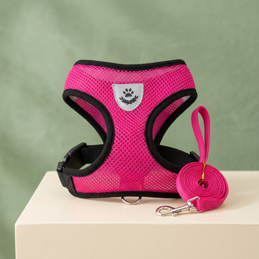 Rose Red size S mesh pet harness and matching pink leash