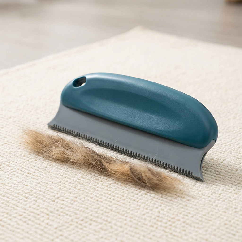 Teal hair remover beside gathered fur on a rug