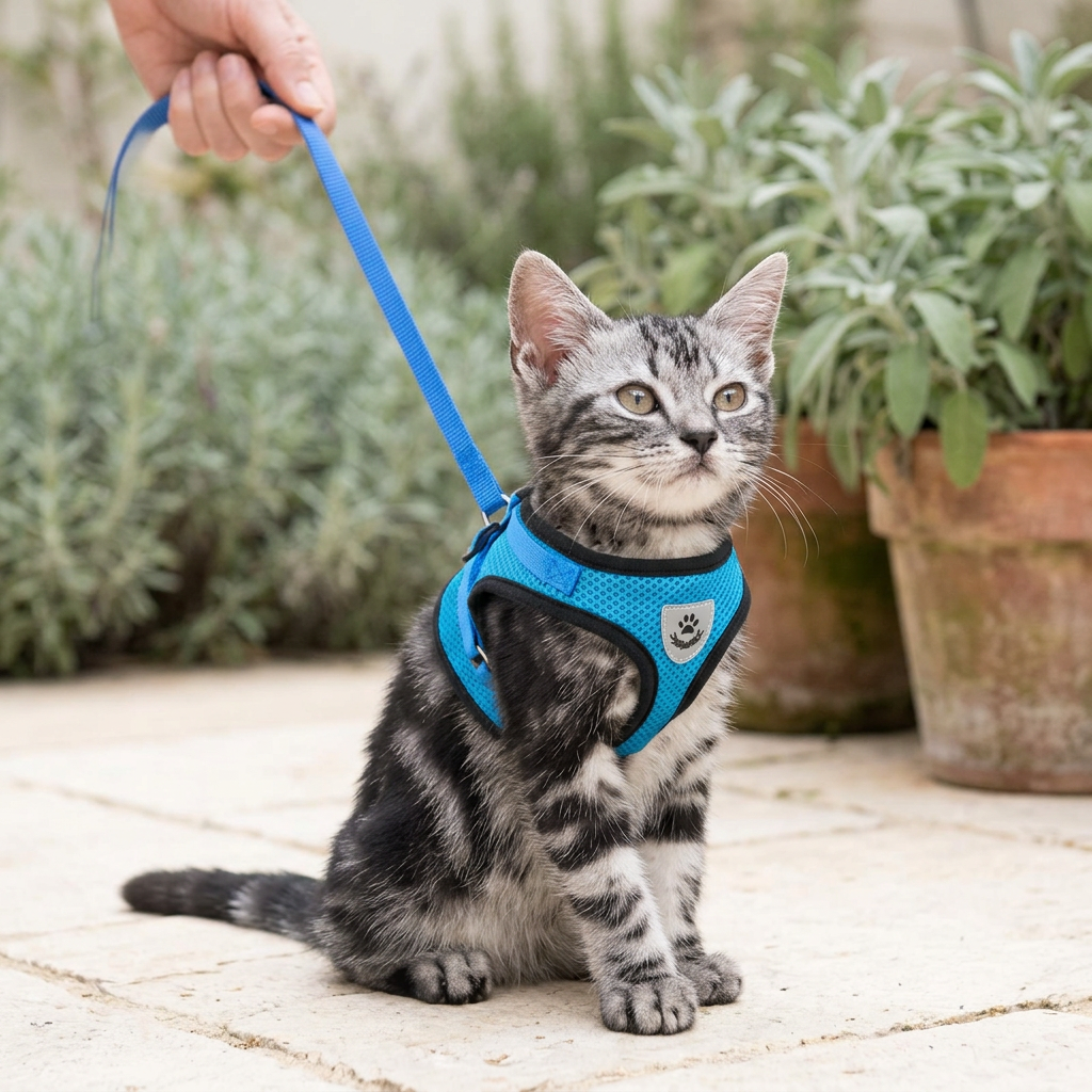 Tabby cat wearing the blue mesh harness with matching leash