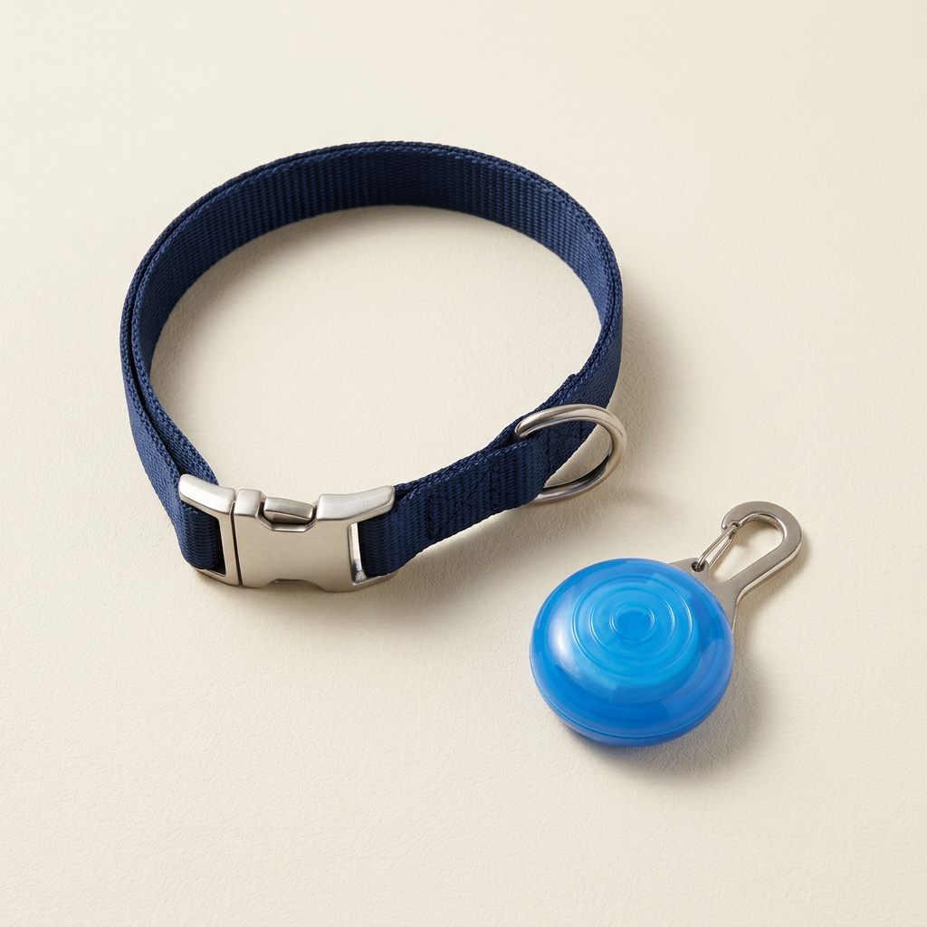 Blue LED pendant beside a navy dog collar, collar not included