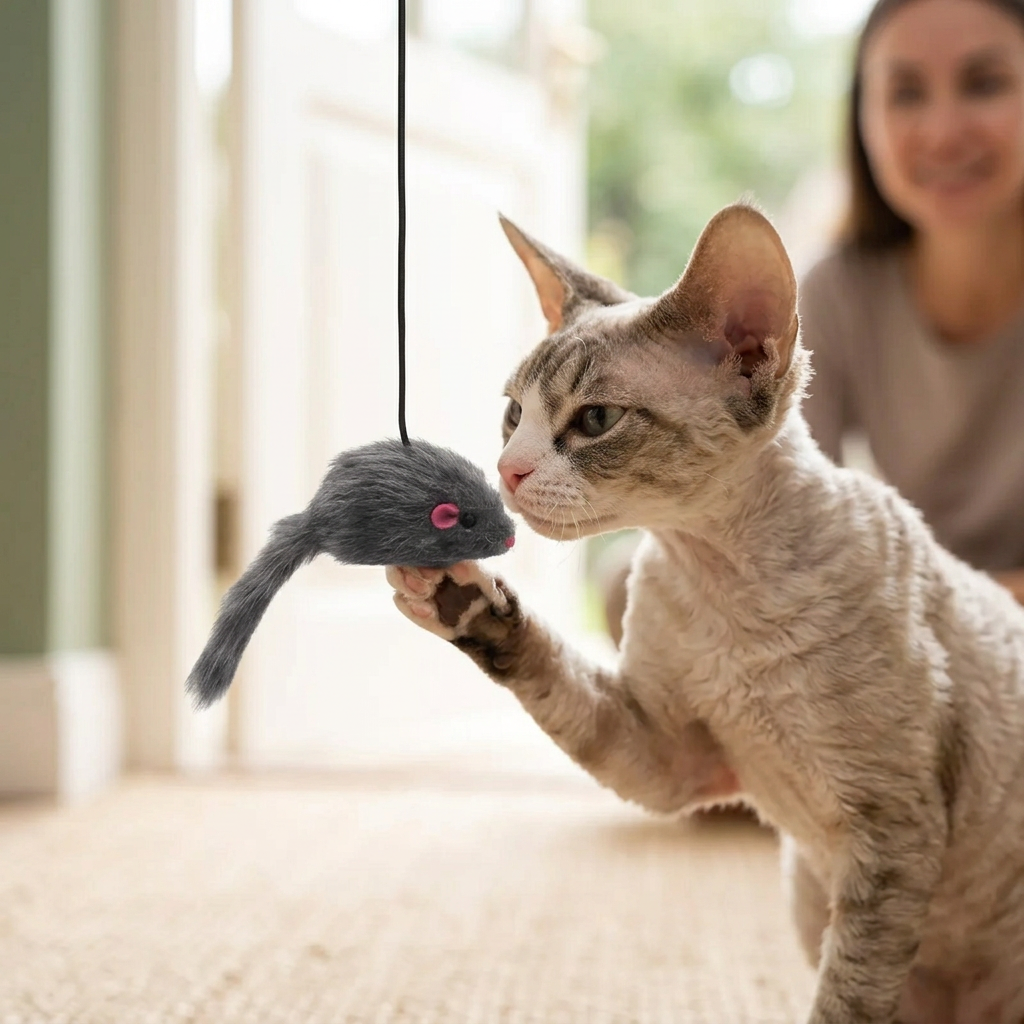 Devon Rex cat gently touching the hanging gray mouse toy with one paw