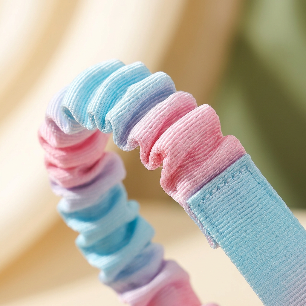 Close-up of gathered blue and pink woven bungee casing