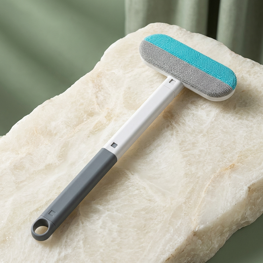 Reusable pet hair brush with turquoise and grey cleaning face on ivory stone