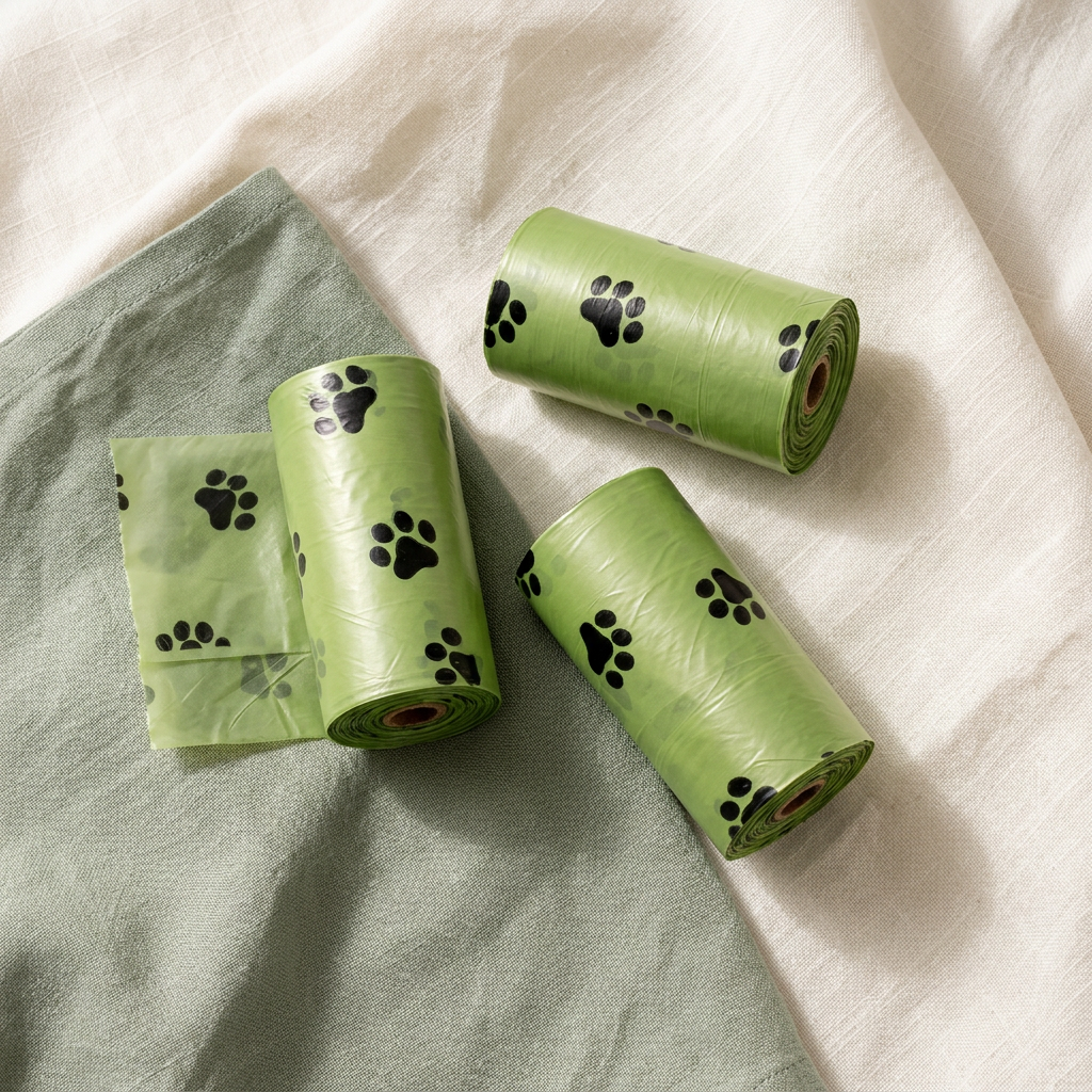 Overhead view of green paw-print waste bag rolls on ivory and sage linen