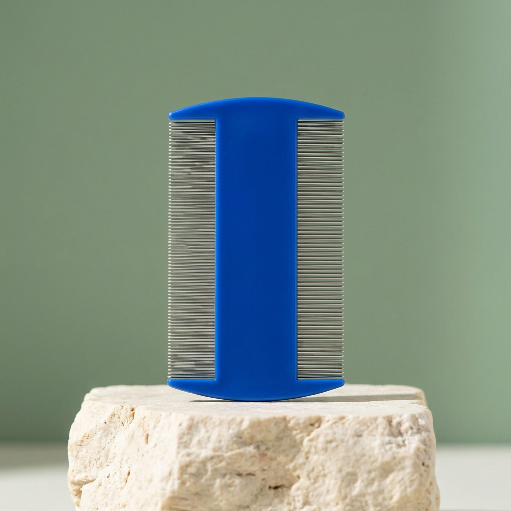 Blue double-sided grooming comb on a cream stone pedestal