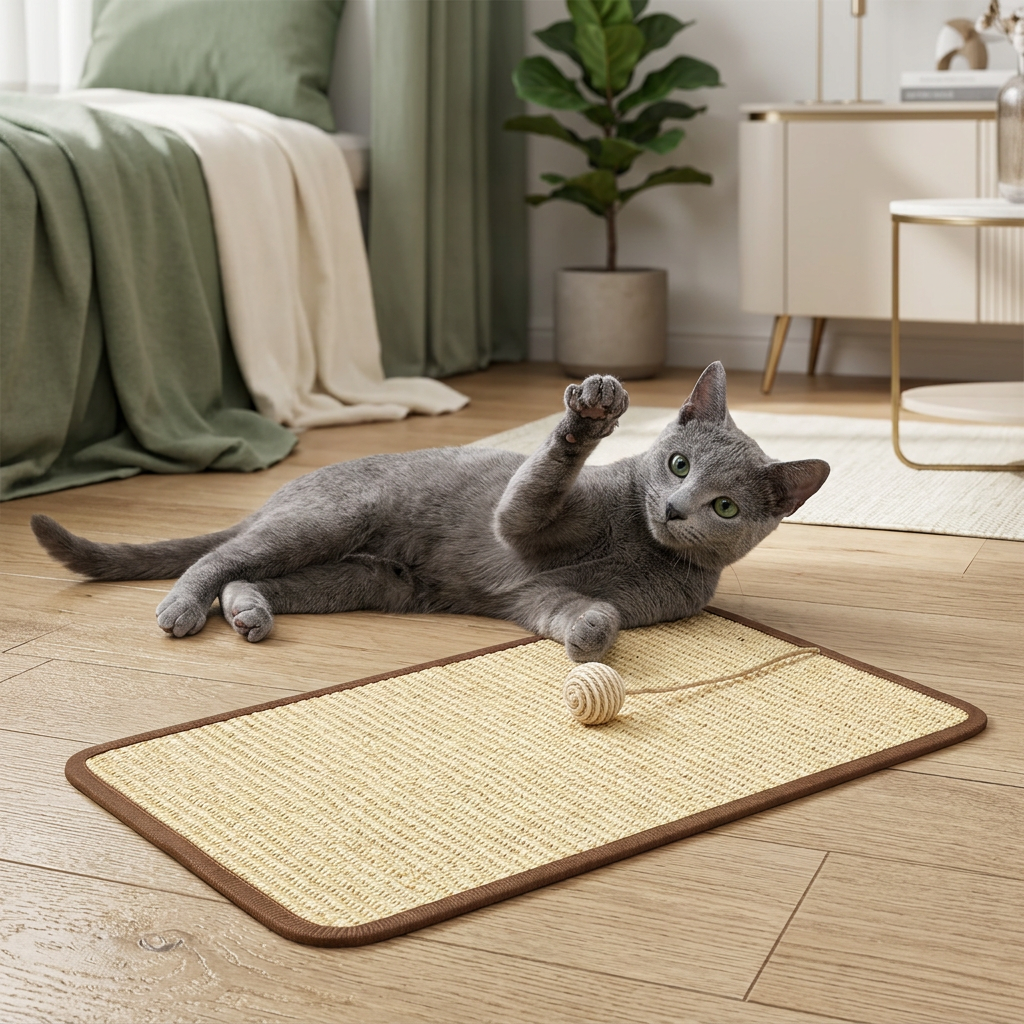 Russian Blue cat playing beside the pad’s attached ball