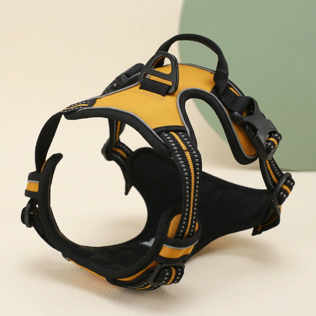 Yellow adjustable dog vest harness with black straps
