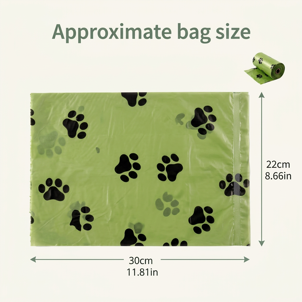 Dog waste bag size diagram showing approximate dimensions of 30 by 22 centimetres