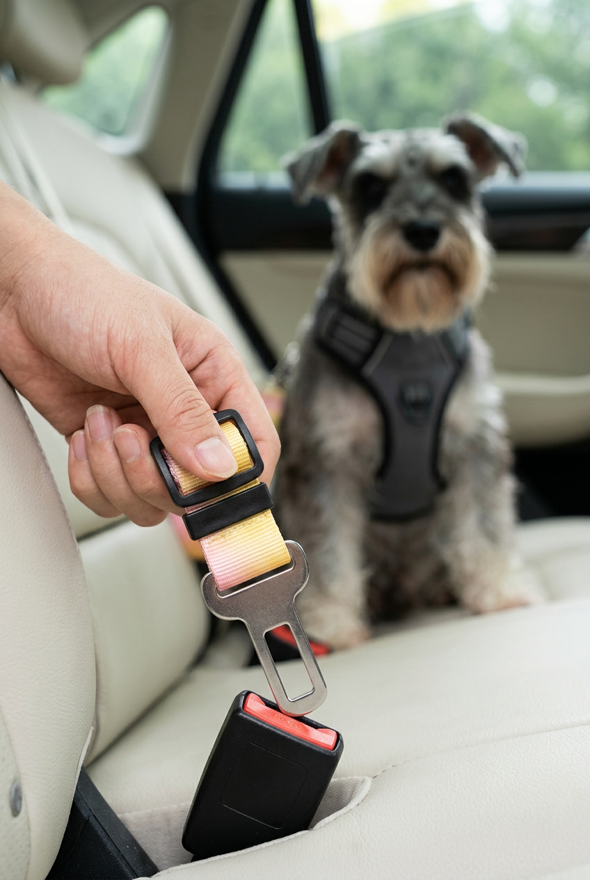 Hand positioning the tether connector above a car buckle with a Miniature Schnauzer nearby